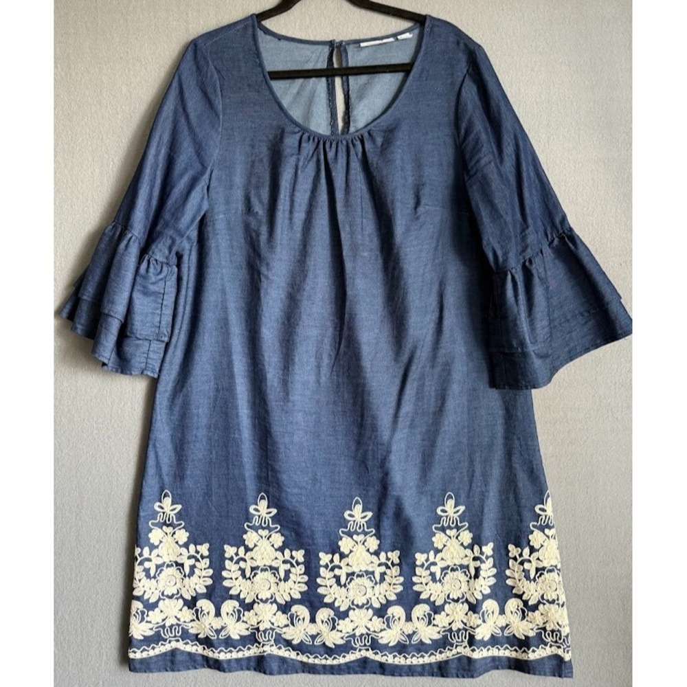 Westport Tunic‎ Dress Women Size 14 Blue Demin Embroidered Crew Neck 3/4 Sleeve